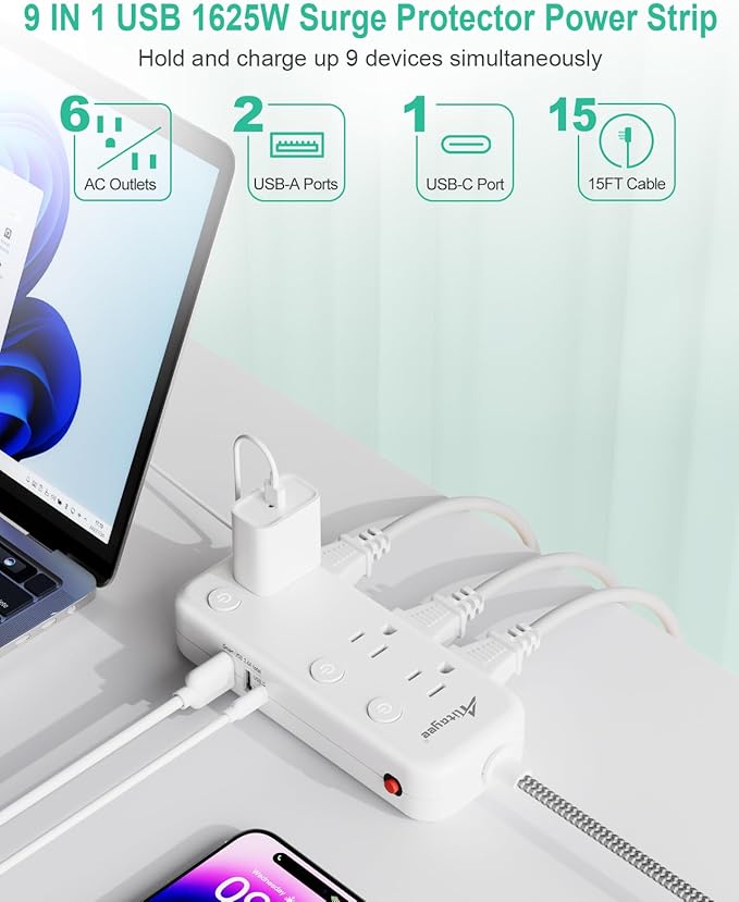 15FT Surge Protector Power Strip with Individual Switches 6 Outlets 3 USB(17W USB C), Ultra Thin Flat Plug Braided Cord, Wall Mount Extension Cord with Overload Protection for Home Office Dorm 1625W