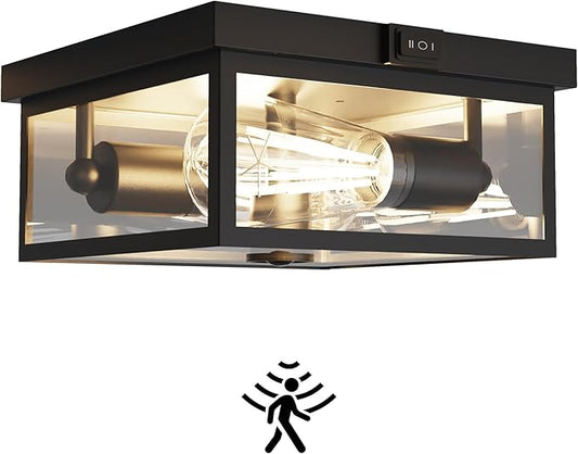 Outdoor Ceiling Light with Motion Sensor, Flush Mount Porch Light, Exterior Light Fixture with Clear Glass, Dusk to Dawn 2-Light Fixture for Patio,Porch (8.5 in)