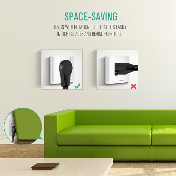 Nekteck 360° Rotating Flat Plug Extension Cord, 1 Foot, 14AWG 3 Prong, Low Profile Right Angle Power Cord Grounded Wire, UL Certified, Black (6 Pack)