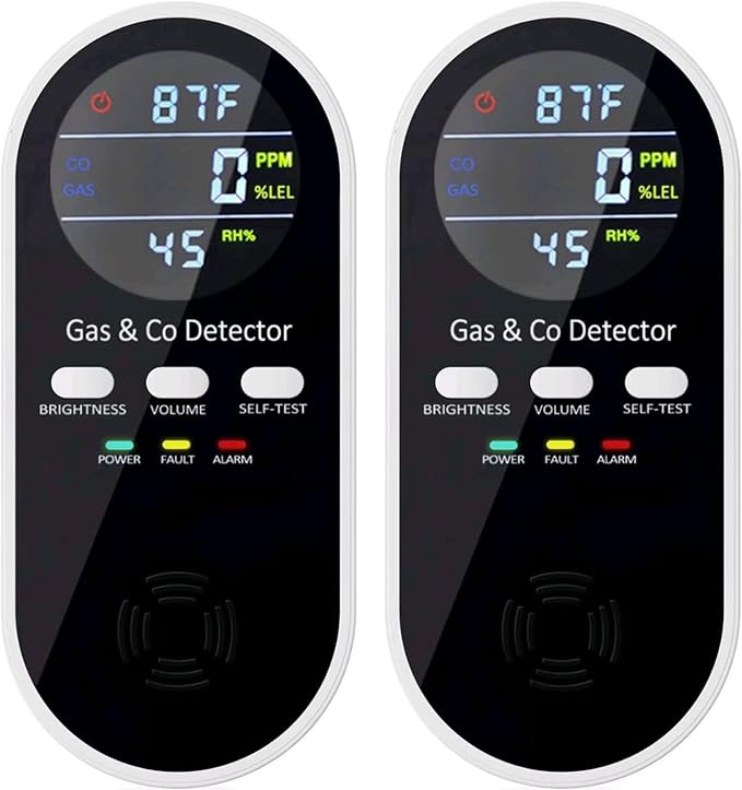 5-in-1 Upgraded Gas & Carbon Monoxide Detectors Plug in, Combination Natural Gas Detector and Carbon Monoxide Detector with ℉, Humidity and Sound, Brightness Control, Holds 9V Battery (not Included)