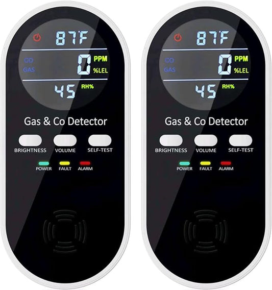 5-in-1 Upgraded Gas & Carbon Monoxide Detectors Plug in, Combination Natural Gas Detector and Carbon Monoxide Detector with ℉, Humidity and Sound, Brightness Control, Holds 9V Battery (not Included)