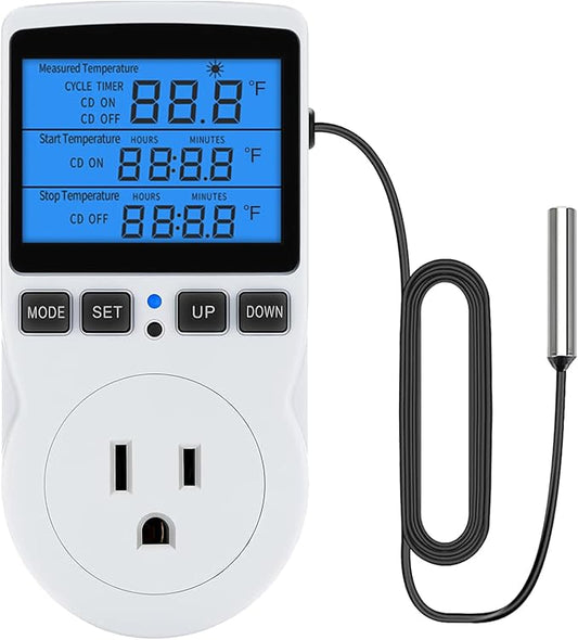 Plug in Digital Thermostat Temperature Controlled Outlet with Backlit LCD, 1800W 120V 15A Heating Cooling Control for Reptile, Incubation, Aquarium, Refrigerator, Home Brewing
