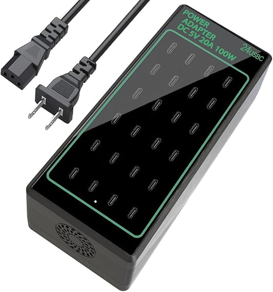 24-Port 100W (20A) USB C Charging Station, Multiple Fast Charger Hub, Home Desktop Power Adapter, Travel Convenient, Compatible With iPhone/Samsung/Google and More