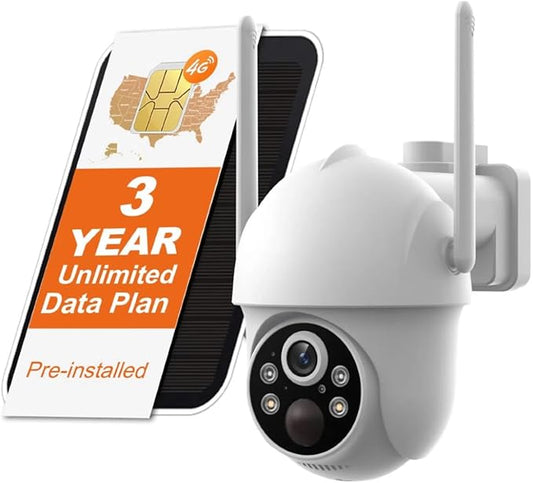 4G LTE Cellular Security Camera Wireless Outdoor with 3-year Unlimited Data SIM Card, Solar Camera, No WiFi Security Camera, Color Night Vision, 360° Live View, PIR Motion Sensor, 2-Way Audio