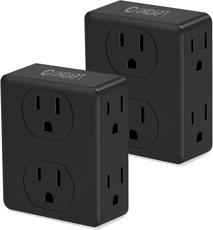 Multi Plug Outlet Splitter, Unidapt Multiple Outlets Extender Adapter with 6 AC Sockets, Side Splitter Box, Wall Power Plug Expander for Home Hotel Office Dorm Essentials, 2-Pack (Black)