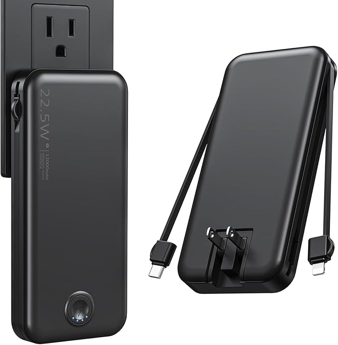 Portable Charger with Built in Cable and AC Wall Plug, USB C Power Bank 12000mAh 22.5W Super Fast Charging, Lightweight Portable Phone Charger Travel Battery Pack for iPhone, ect