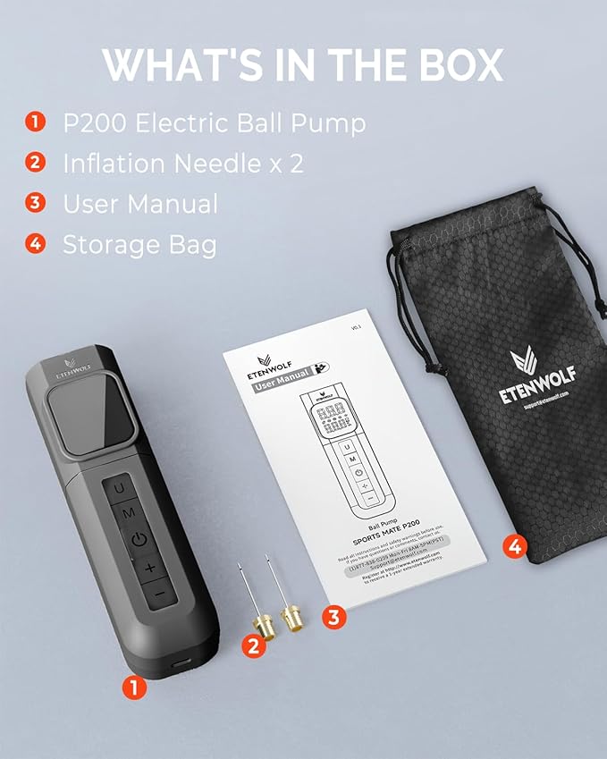 ETENWOLF P200 Electric Ball Pump 2000mAh Sports Air Pump with Digital Pressure Gauge for Basketball Soccer Volleyball