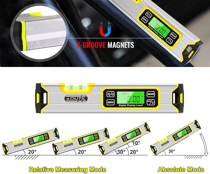 Digital Level and Protractor, 12 Inch IP54 Protected Electronic Bubble Inclinometer Angle Finder with Large LED Backlight and Magnetized V-Groove Base(Yellow