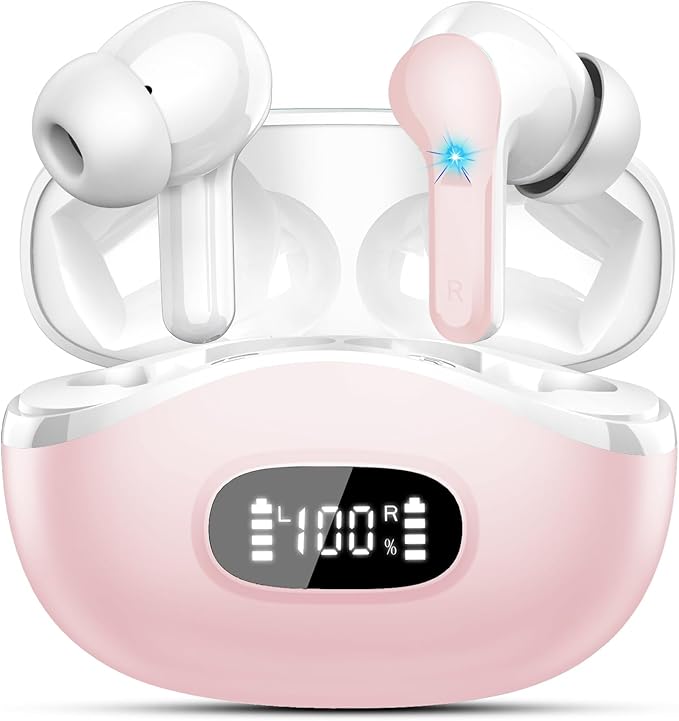Wireless Earbuds, Bluetooth Headphones 5.4 HiFi Stereo, Ear Buds with 4 ENC Noise Cancelling Mics, 48H Bluetooth Earbuds with Dual LED Display, IP7 Waterproof in Ear Earphones for Android iOS, Pink