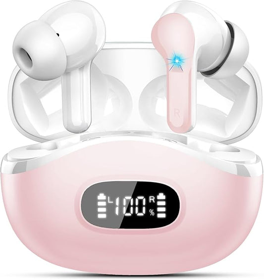 Wireless Earbuds, Bluetooth Headphones 5.4 HiFi Stereo, Ear Buds with 4 ENC Noise Cancelling Mics, 48H Bluetooth Earbuds with Dual LED Display, IP7 Waterproof in Ear Earphones for Android iOS, Pink