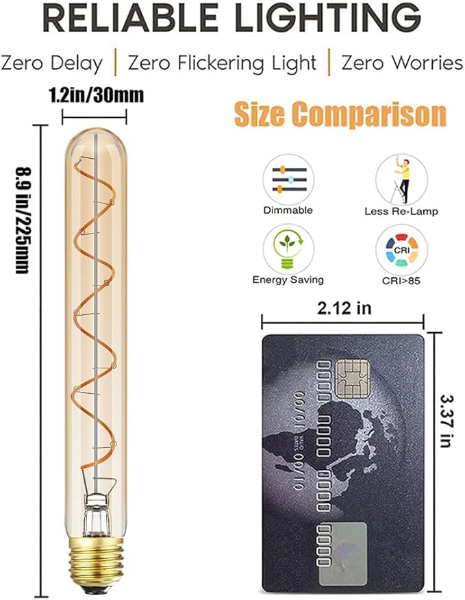 Leools Vintage LED Spiral Filament Bulb T10, 8.9inch Long Tubular Dimmable Edison Light Bulbs,E26 Base,Amber Glass,Warm White,2200K, 400LM(40W Equivalent), Pack of 4