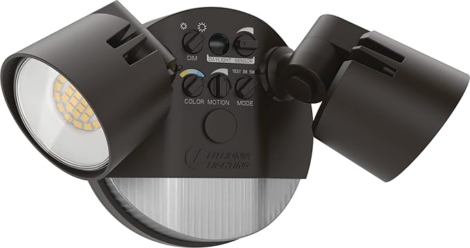 Lithonia Lighting HomeGuard 2-Light LED Outdoor Flood Lights, Motion Sensor Outdoor Lights with Dusk to Dawn, Adjustable Lumens and Color, Round Heads, Dark Bronze (HGX LED 2RH ALO SWW2 120 PIR DDB)