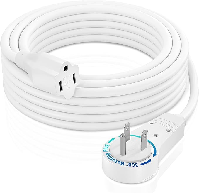 Maximm Extension Cord 10 Foot White Flat Plug, 360° Rotating Short Power Cord Single Outlet, Indoor 16 Gauge 3 Prong Grounded Wire UL Certified (10Ft White)