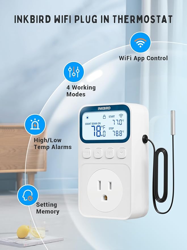 INKBIRD Plug in Thermostat WiFi 1800W 15A Heating Cooling Timer Countdown Mode