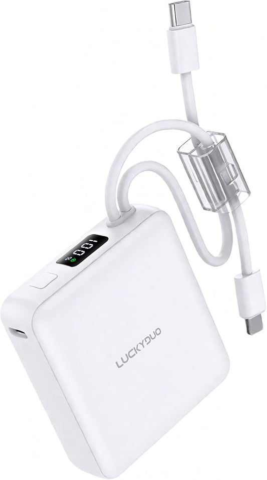 LUCKYDUO Small Portable Charger, Fast charging 22.5W Slim Power Bank 10000mAh with Built-in Cables, LED Display USB-C Mini Battery Pack Travel Essential, Compatible with iPhone, Samsung,Android, White