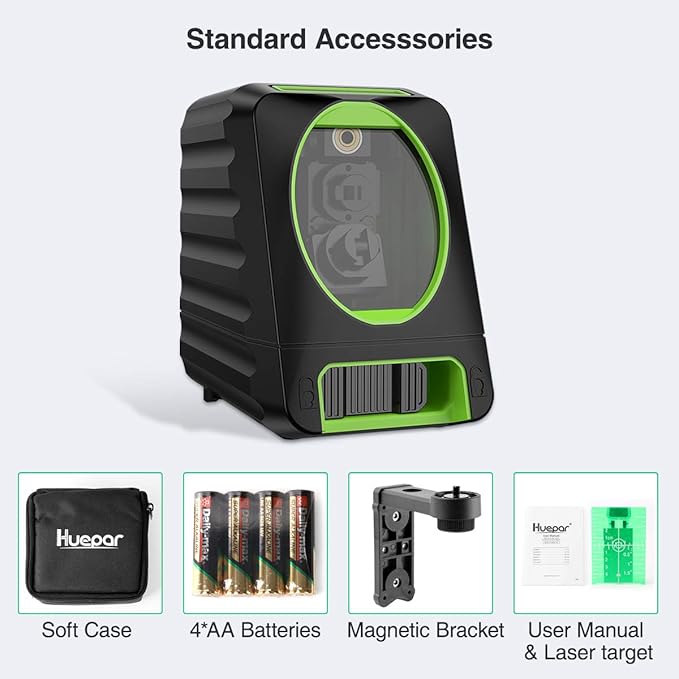 Huepar Laser Level, 150Ft Self Leveling Green Cross Line Laser Outdoor Use with Receiver (Pulse Mode 197Ft), for Picture Hanging, Tile, DIY Decoration – 360° Magnetic Base & AA Battery Included