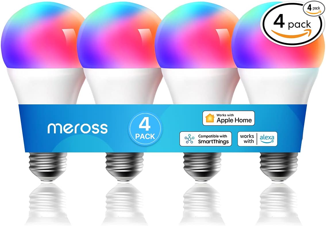 meross Smart Light Bulb, Smart WiFi LED Bulbs Compatible with Apple HomeKit, Siri, Alexa, SmartThings, Dimmable E26 Multicolor 2700K-6500K RGBWW, 900 Lumens 60W Equivalent, 4 Pack