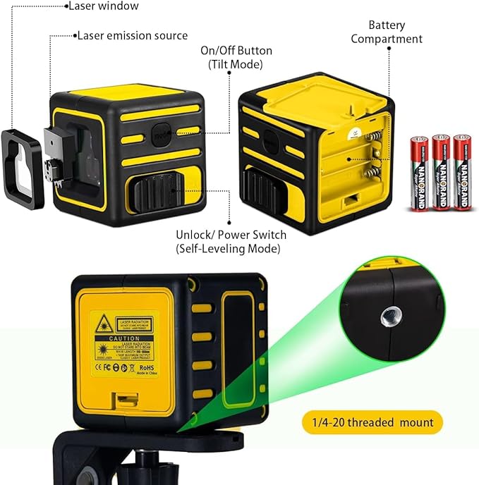 Laser level with Tripod Self Leveling, Cross Line Laser with Tilt Mode, 59 inch Tripod for Picture Hanging Construction Floor Tile Wall, 3 AAA Batteries Included