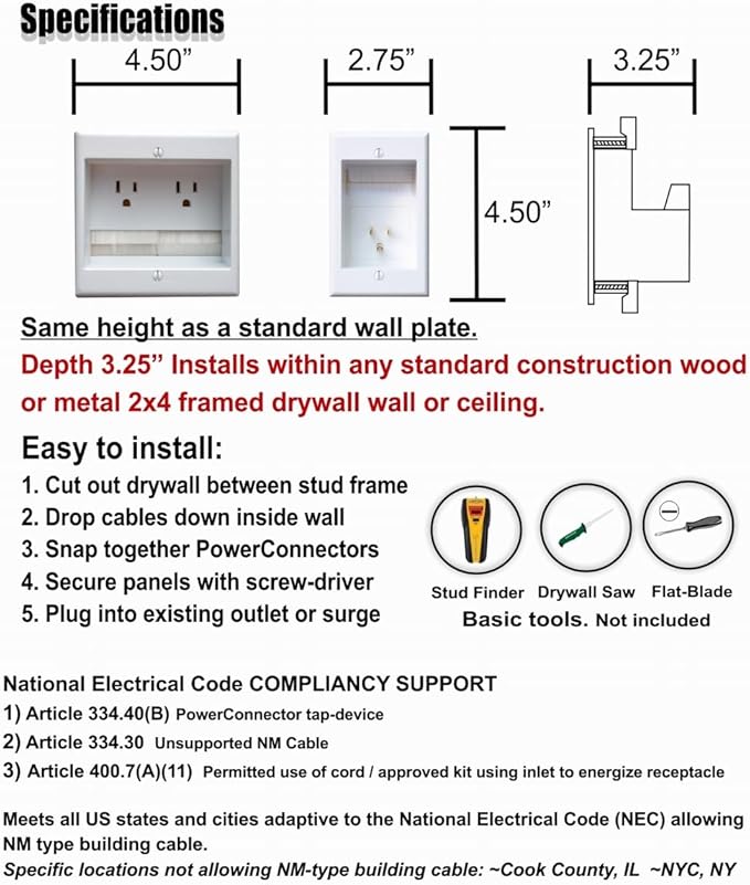 TWO-CK Dual Outlet TV Cord Hider for Wall Mounted TV’s - Recessed In-Wall Cable hider System for Power & Low Voltage - Matches Existing Outlets - Hide Wires With this Easy DIY Install Kit