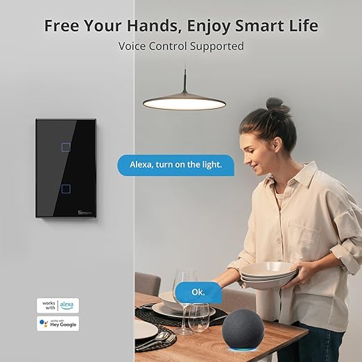 SONOFF Smart Light Switch，2.4GHz WiFi Touch Smart Wall Switch for Lights, Works with Alexa and Google Home, RF433 Remote Interruptor Inteligente, Neutral Wire Required, 2 Gang 1 Way TX T3 Black