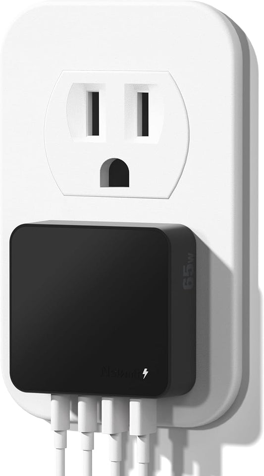 Nekmit 65W USB C Charger Block, 4 Port Flat Wall Charger with USB C and USB A, Multiport GaN Fast Charger for iPhone 16/15/14 Pro Max, iPad Pro, MacBook Pro/Air, AirPods, Galaxy and More, Black