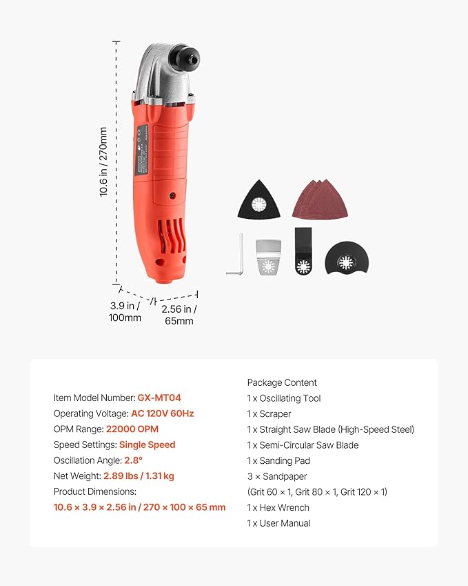 VEVOR Oscillating Tool Multitool, 2.2Amps 22,000 OPM Electric Oscillating Multi Tool Kit Corded with 2.8° Oscillating Angle, 7PCS Saw Accessories for Cutting, Scraping, Sanding, Floor Stripping