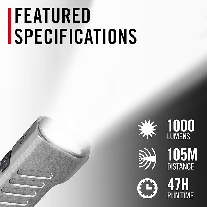 Coast Slayer Laser 1000 Lumen USB-C Rechargeable LED Flashlight with Pocket Clip - 5 mW Laser, 650 nm Wavelength