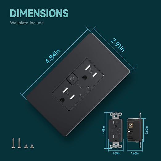 Black Smart Electrical Outlet, Smart Wi-Fi Outlet with Individually Controlled, 15Amp Receptacle with Remote Control, Compatible with Google Home & Alexa, ETL&FCC Certified, 2.4G WiFi Only