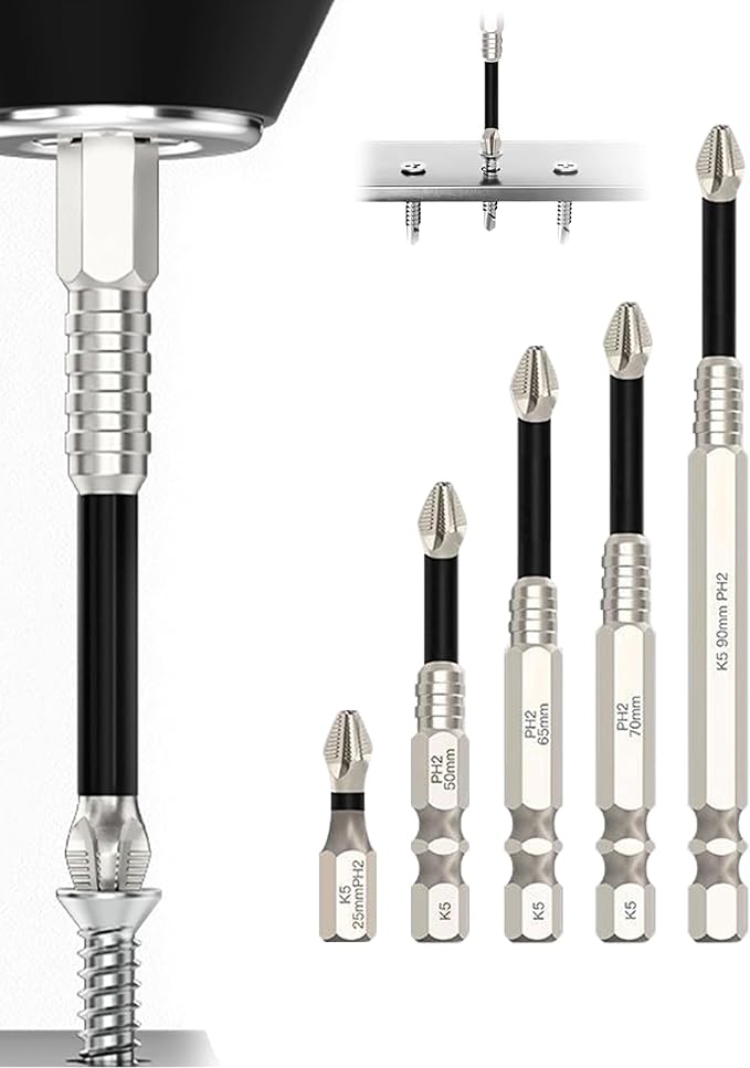 HUHAO 5Pcs High Magnetic Screwdriver Drill Bit Set, K5 Impact-Resistant and Nonslip Bit, Anti Slip Screwdriver Bits for Dry Wall, Sheetrock, Electric Drills - High Magnetic Strength & High Hardnes