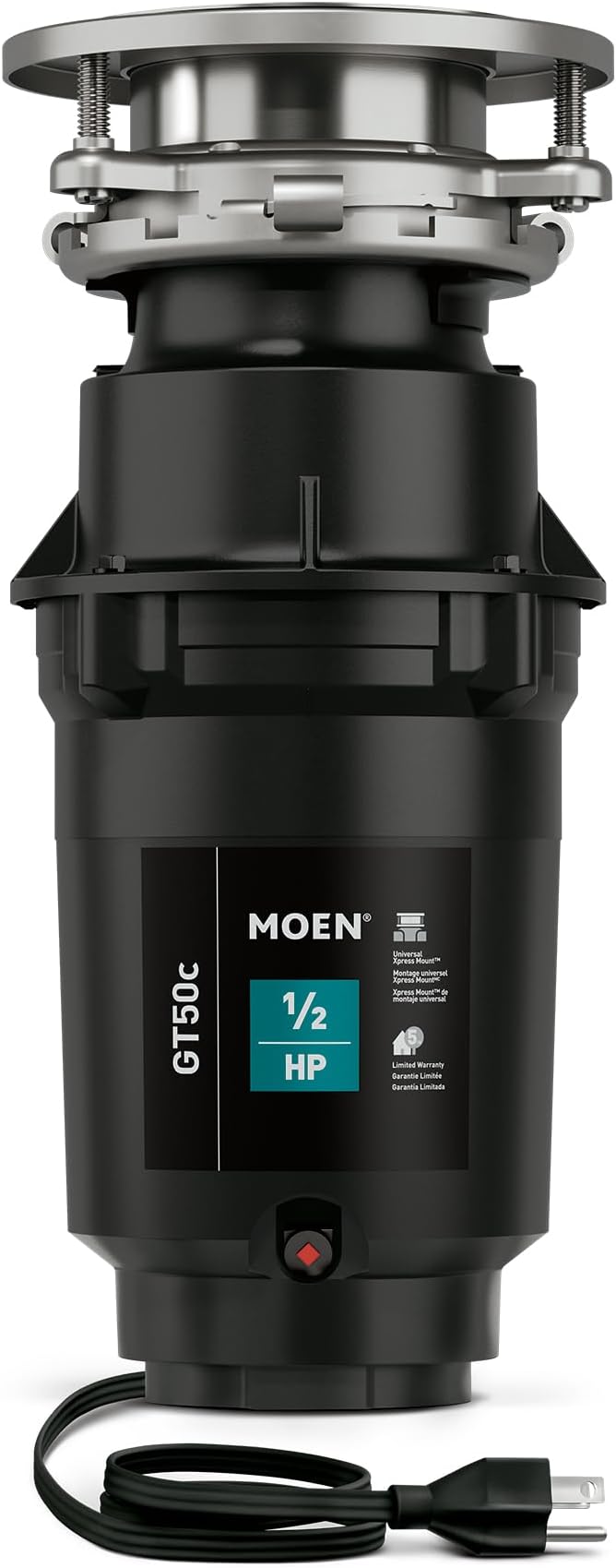 Moen Prep Series Disposer 1/2 Horsepower Continuous Feed Garbage Disposal featuring Fast Track Technology, Power Cord Included, GT50C