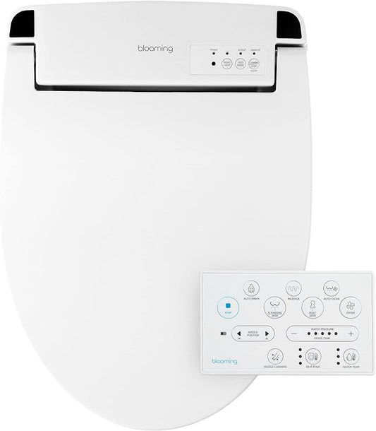 Blooming NB-R1260R Bidet Toilet Seat - Smart Toilet Seat, Warm Water, Dryer, Heated Seat, Sittable Lid, LED Nightlight - White - Attachment with Remote Control (Round)
