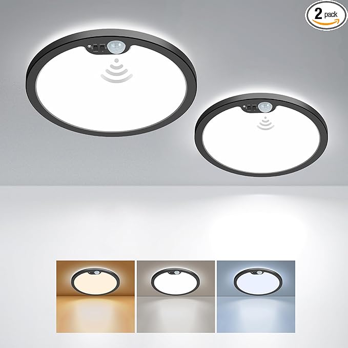 BLNAN Motion Sensor Ceiling Light Wired, 8.7 Inch 3000K 4000K 5000K Selectable Motion Activated LED Flush Mount Light Fixture with Timer for Walk-in Closet Laundry Hallway Stair, Black Frame, 2 Pack