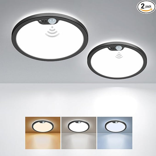 BLNAN Motion Sensor Ceiling Light Wired, 8.7 Inch 3000K 4000K 5000K Selectable Motion Activated LED Flush Mount Light Fixture with Timer for Walk-in Closet Laundry Hallway Stair, Black Frame, 2 Pack