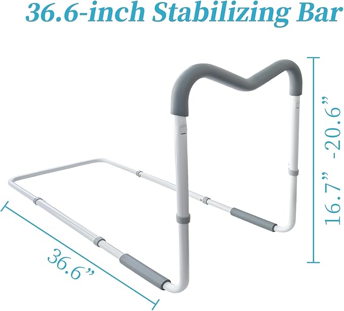 Sturdy Bed Rail for Elderly Adults，Safety with Adjustable Heights, M-Shape Grab bar Assist from Directions，Storage Pocket, Medical Bed Guard,Gifts for Seniors (Light Grey Handle)