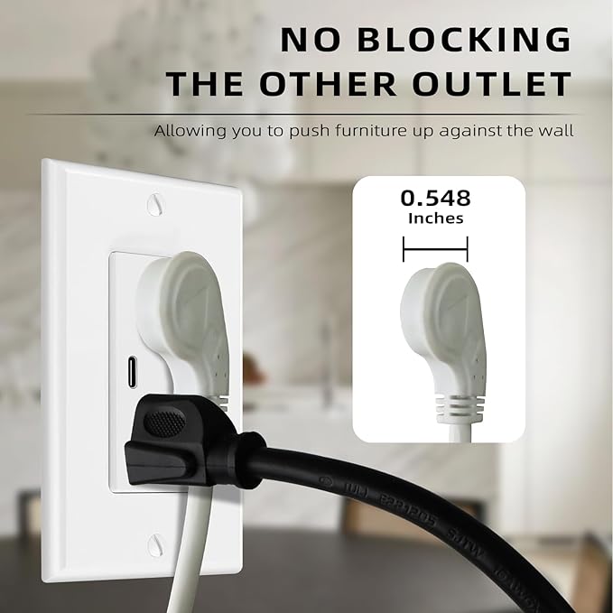 EP 3 Pack 1 Ft Flat Plug Extension Cord, 16 AWG 3 Prong Grounded White Low Profile Extension Cable for Indoor