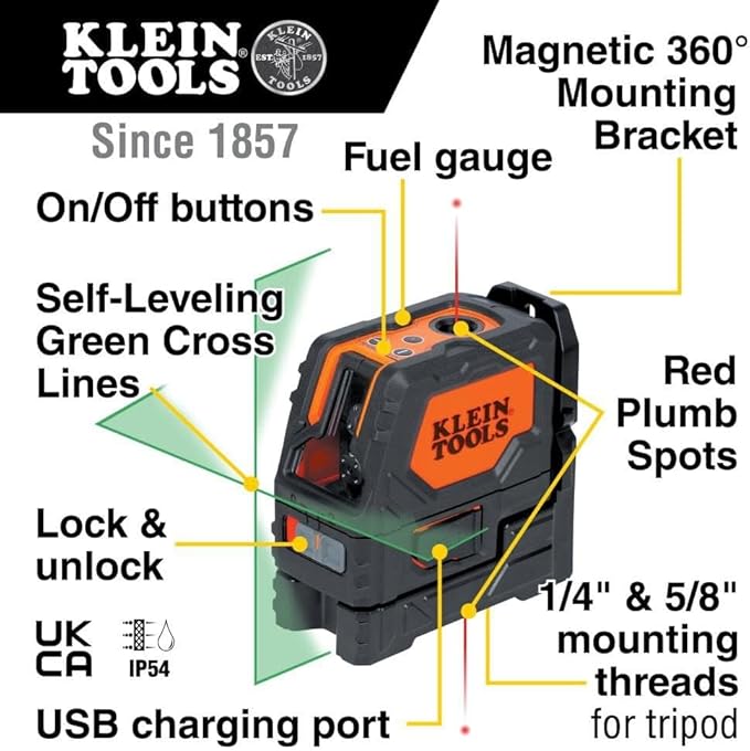Klein Tools 93LCLGR Self-Leveling Laser Level, Rechargeable, with Bright Green Cross-Lines and Red Plumb Spot, Magnetic and Ceiling Clamp Mounting