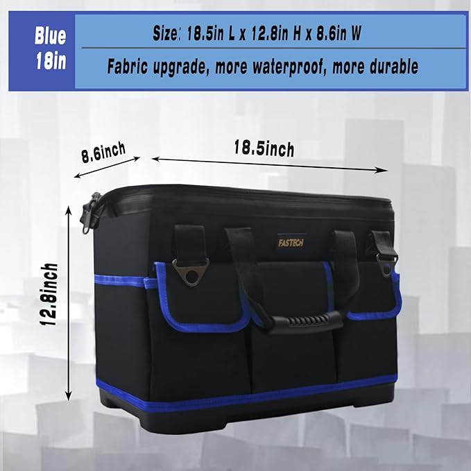 18 Inch Tool Bag, Waterproof Wide Mouth Tool Kit, Heavy Duty Tool Bag Organizer With Shoulder Straps, Tool Storage Package For Men/Women (Blue18IN)