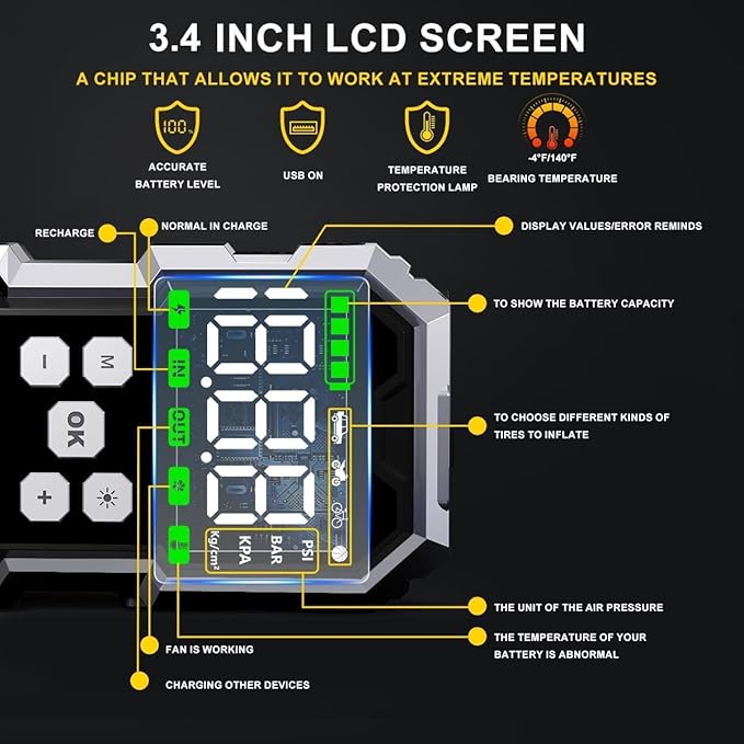 Jump Starter with Air Compressor, 6000A Jump Starter Battery Pack (All Gas/10L Diesel), 150PSI 12V Jump Box Car Battery Jumper Starter Portable with Type-C Quick Charge and LED Lights