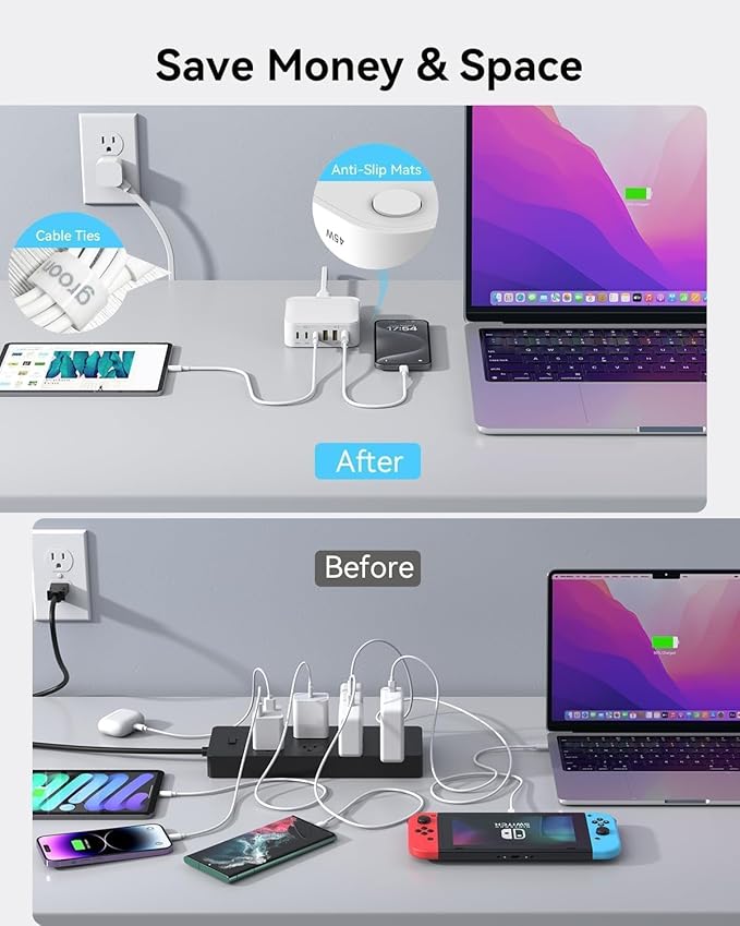 USB C Charger Block, 130W 6 Ports Fast Wall Chargers, Charging Stations with PD 45W, Dual PD 20W, 3 USB A, 3 USB C, QC, PPS, 6ft Cord, Compatible with iPhone, Galaxy, Pixel, MacBook, iPad Pro