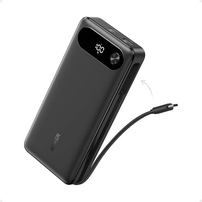 Anker Power Bank, 20,000mAh Travel Essential Portable Charger with Built-in USB-C Cable, 3-Port 87W Max Fast Charging Battery Pack, for MacBook, iPhone 16/15 Series, Samsung, Switch, and More