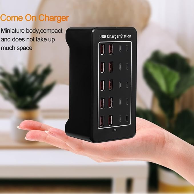 USB C Charger Block 100W USB C Charging Station, 20Port (20A) Multiple Charging Hub Desktop 10 Port USB Charger Compatible for Apple iPhone, iPad, Samsung, Pixel, Cell Phone, Tablets, Office Home Use