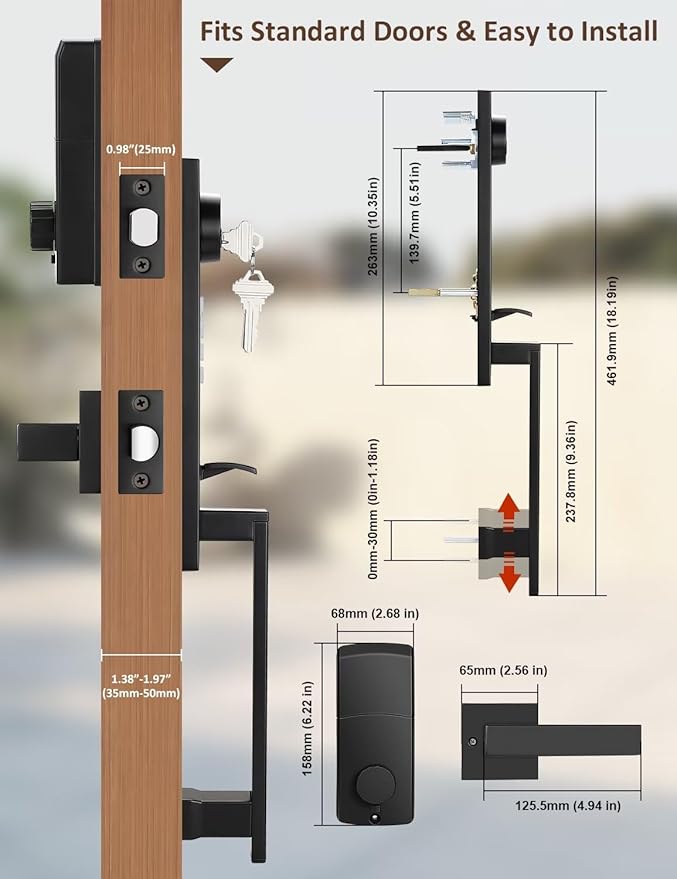 Smart Entry Door Lock Set, Electronic Full Escutcheon Door Handle, Digital Keypad Deadbolt with App, Heavy Duty Black Front Door Handle with Single Cylinder Deadbolt, Auto Locking