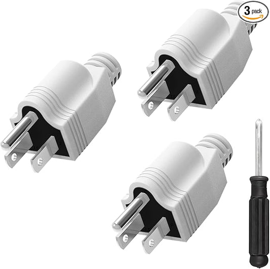 Replacement Plug 3 Prong, 3 Pack 3 Prong ReplacementPlug with 1 Screwdriver, Neutral Ground Bonding Plugs, 3 Wire 15A 125V Male Plugs, Power Plug Replacement, White