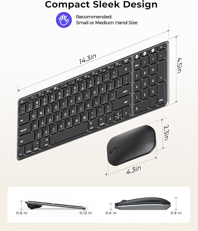 seenda Bluetooth Keyboard and Mouse for Mac, SKM64-2 Multi-Device Rechargeable Slim Wireless Keyboard Mouse Stainless Steel Full Size, Compatible with MacBook Pro/Air, iPad, Mac - Space Gray
