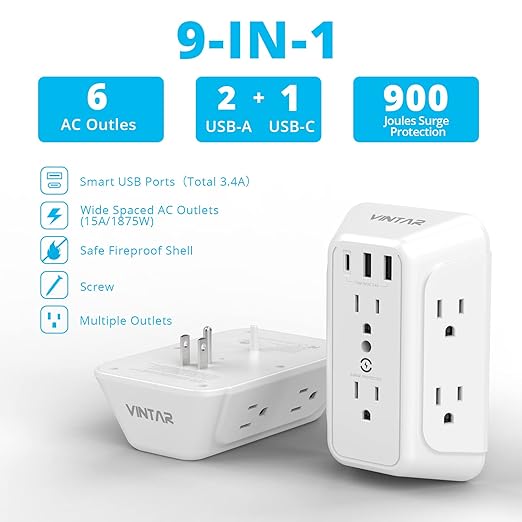 Wall Charger, Surge Protector, 6 Outlet Extender with 3 USB Charging Ports (1 USB C, 3.4A) 900J Wall Mount Power Strip Multi Plug Outlets for Home Travel Office ETL Listed