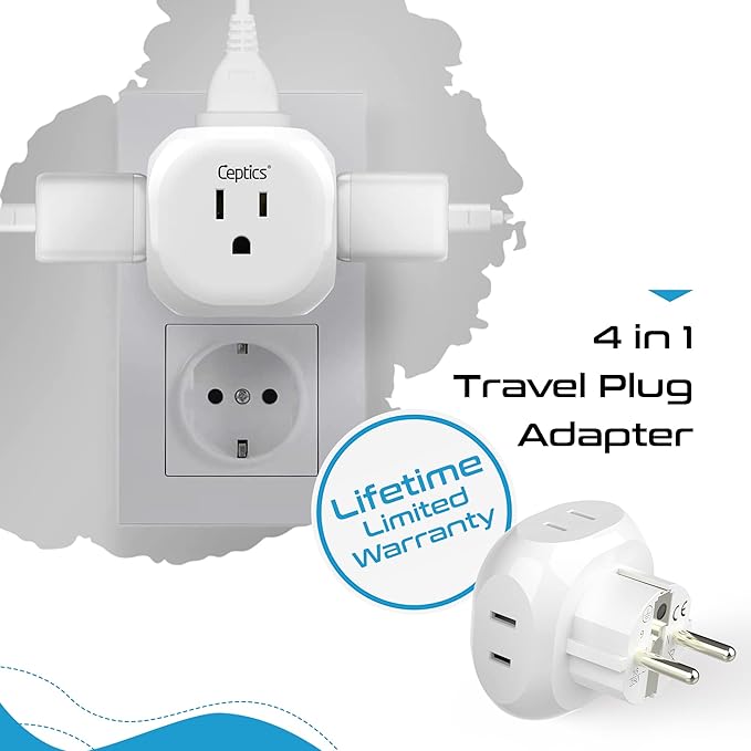 Ceptics Europe Travel Adapter Plug Set Schuko - 4 Input - Ultra Compact - Light Weight Type C, Type E/F - USA to Any Type C E/F Countries Such as Germany, France- 4 Pack (PT-9-9C-4PK),White