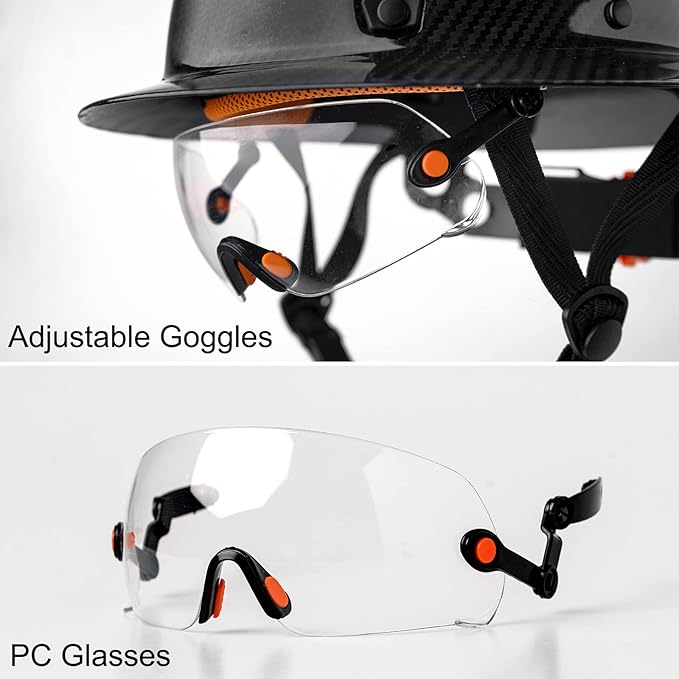 Carbon Fiber Hard Hat Full Brim with Goggles- Safety Helmet with 6-Point Adjustable Ratchet Suspension- ANSI Z89.1 Compliant