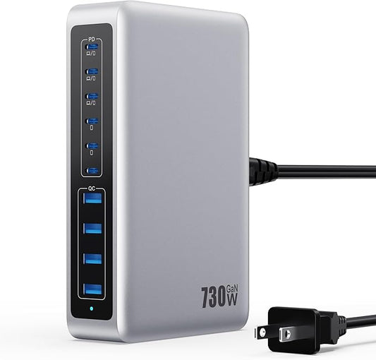 730W USB C Charger Block,10-Ports GaN V Fast Charging Station Hub,QC4.0+3 PD 100W Laptop Charger Wall Power Adapter for MacBook Pro/Air,DELL,iPhone 16/15/14/13,iPad,Galaxy S25,Pixel,Steam Desk-Silver