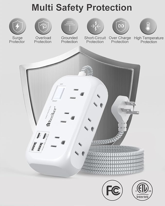 4 USB(2 USB C) Surge Protector Power Strip with Switch- 6 Ft Flat Braided Extension Cord with 6 Widely Outlets, Flat Plug Wall Mount Desk USB Charging Station for Home Office Dorm Room Travel 1625W