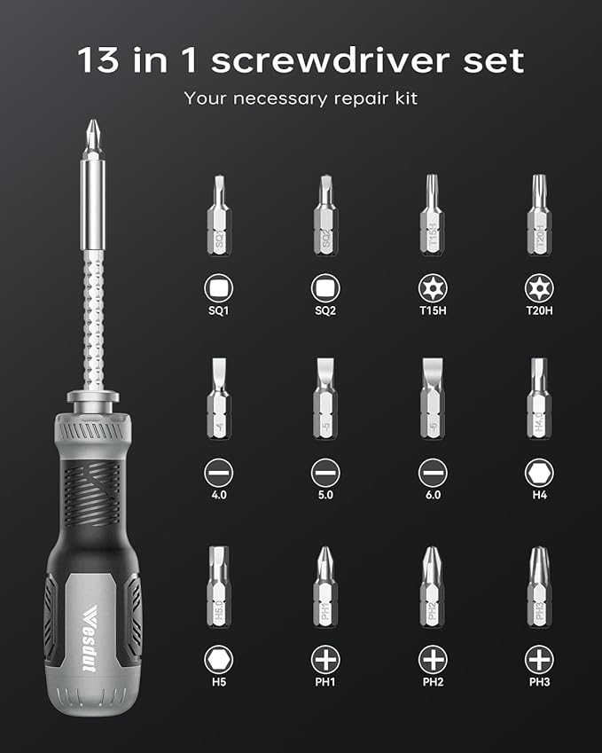 13-in-1 Multi-bit Screwdriver Set Tool All in One, [Super Durable] Screw Driver Set Kit, Flat Head, Philips, Torx, Hex, Square, Repair Kit, Man Gift Nut Driver